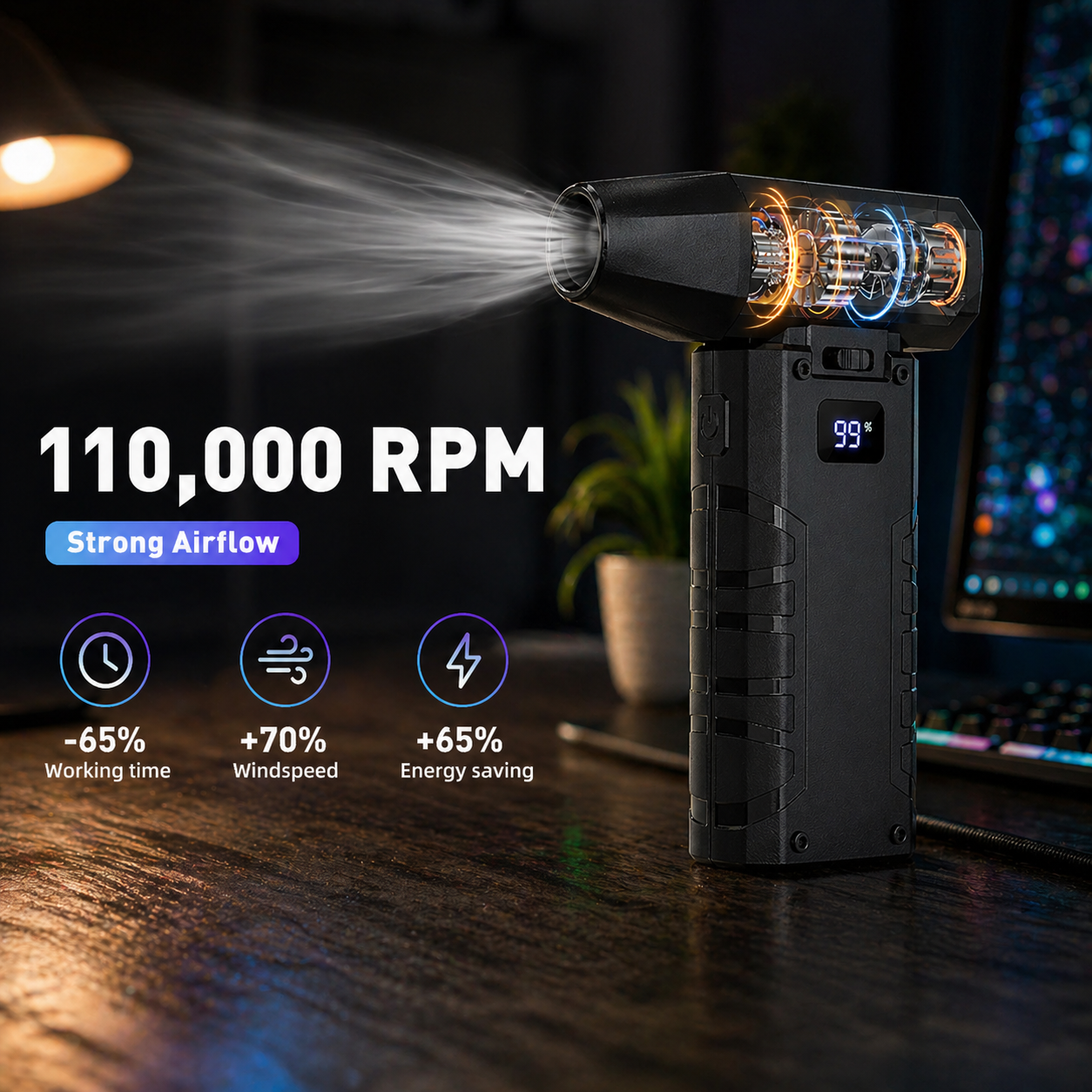 Electric Compressed Air Duster, 110,000RPM Cordless Portable Air Blower Mini Powerful Jet Dry Blower 100 Adjustable Speed Levels Rechargeable for Keyboard, PC, Car Cleaning
